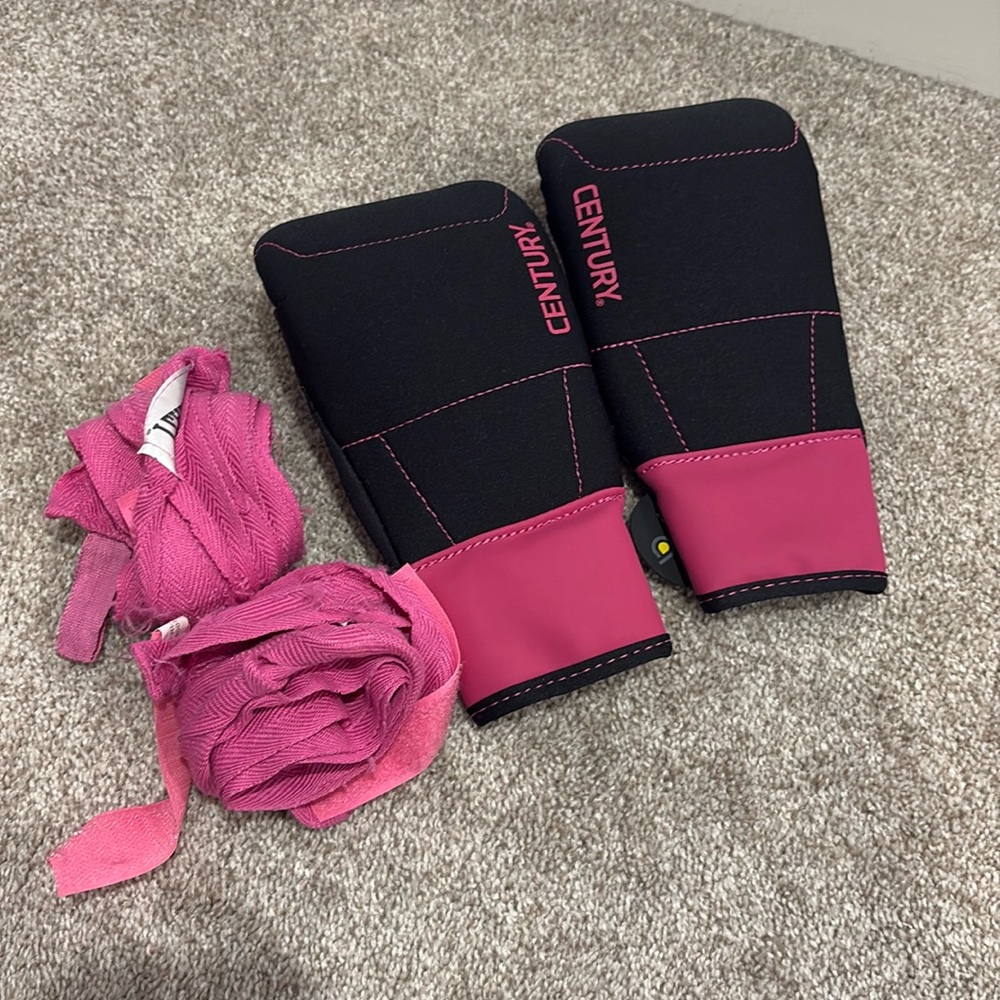 Century kickboxing gloves and Everlast Wraps